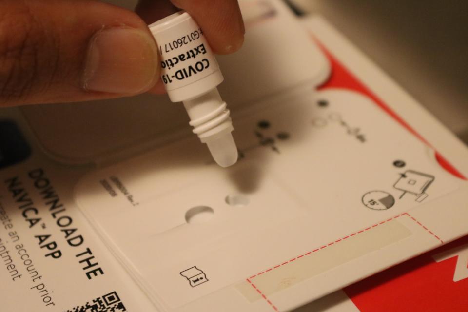 BinaxNow tests such as the one shown here have been given out free at libraries across Ohio during the pandemic for use at home.