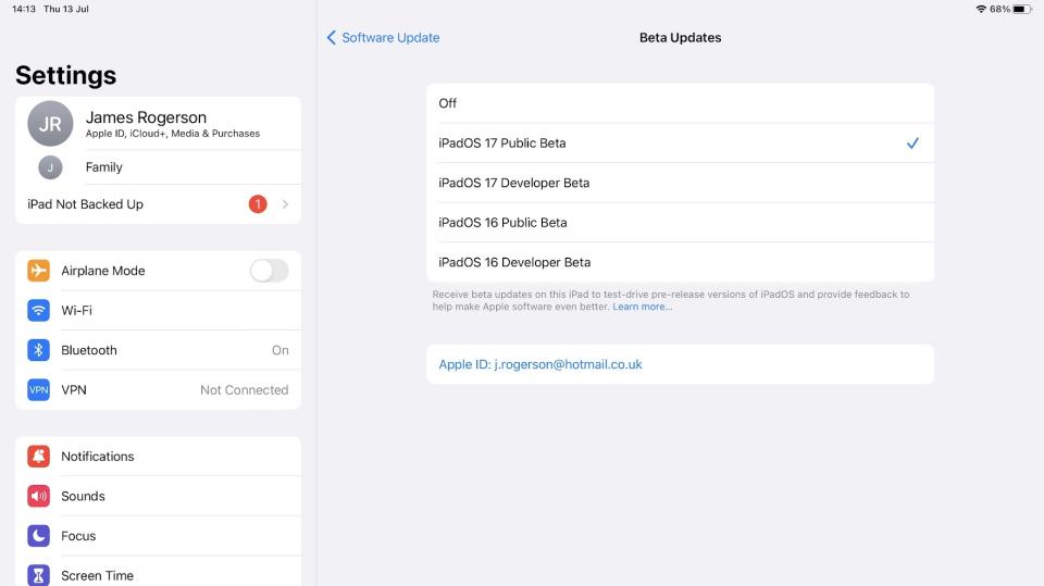 iPadOS beta updates on an iPad settings screen