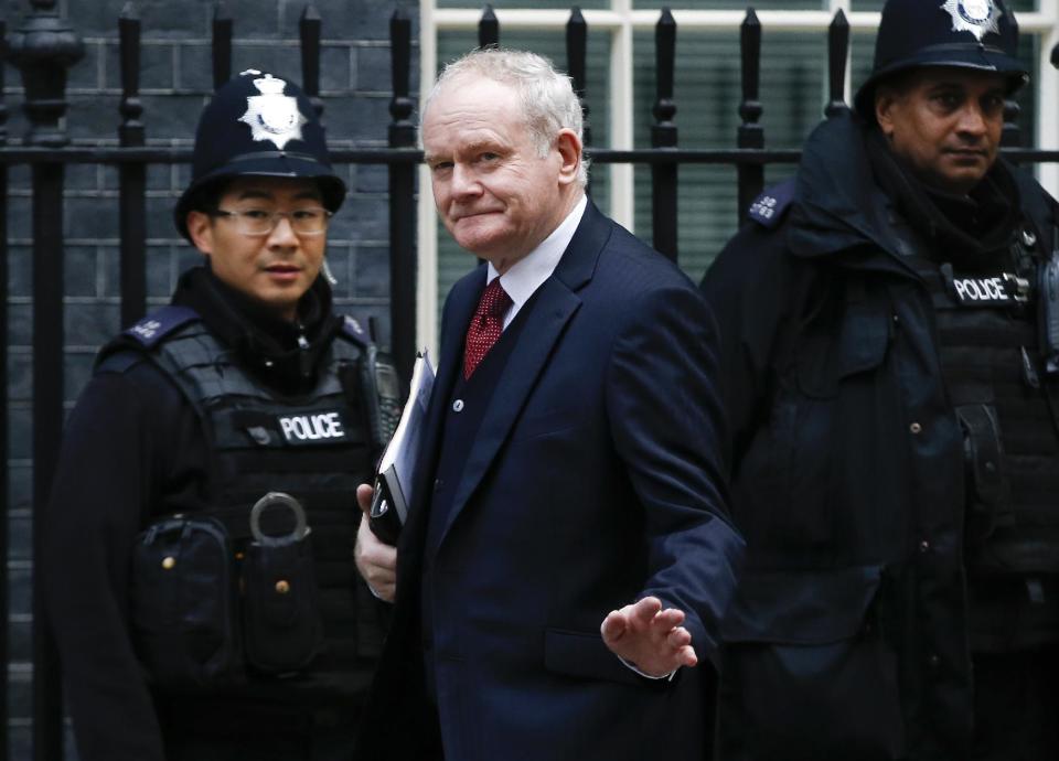 FILE - In this Oct. 24, 2016 file photo, Northern Ireland's deputy First minister Martin McGuinness arrives to Downing Street, for a meeting with Britain's Prime Minister Theresa May, and the Brexit Secretary David Davies about Britain's decision to leave the EU in London. McGuinness, the Irish Republican Army warlord who led his underground, paramilitary movement toward reconciliation with Britain, and was Northern Ireland's deputy first minister for a decade in a power-sharing government, has died, his Sinn Fein party announced Tuesday, March 21, 2017, on Twitter. He was 66. (AP Photo/Alastair Grant, File)