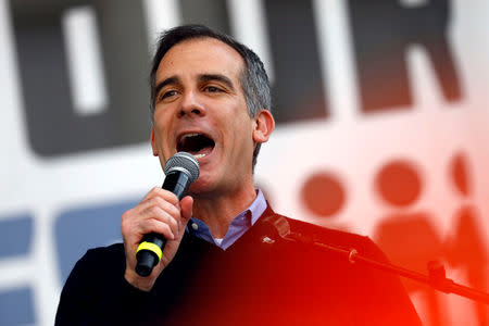 Los Angeles mayor Eric Garcetti speaks during "March for Our Lives", an organized demonstration to end gun violence, in downtown Los Angeles, California, U.S., March 24, 2018. REUTERS/Patrick T. Fallon