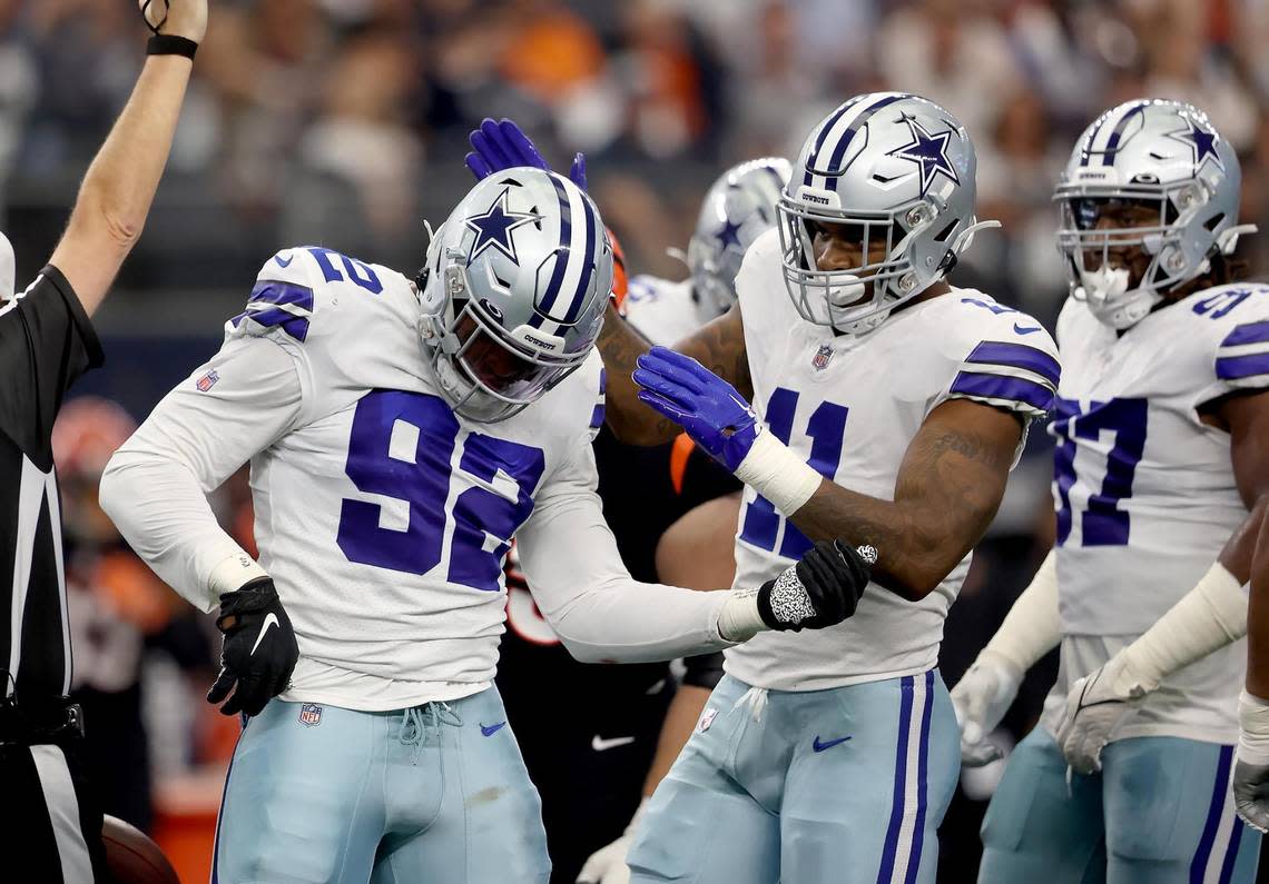 Dallas Cowboys defensive end Durance Armstrong (92) celebrates sacking Bengals quarterback Joe Burrow on Sunday, September 18, 2022.