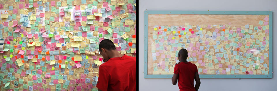 LONDON, ENGLAND - JULY 23: In this composite image (Left Photo) A man looks at notes posted on a 'Peace Wall' on a boarded up window of a discount store in Peckham on August 10, 2011 in London, England. (Right Photo) The Peckham peace wall has been preserved outside the library, one year on from the riots. August 6th marks the one year anniversary of the England riots, over the course of four days several London boroughs, and districts of cities and towns around England suffered widespread rioting, looting and arson as thousands took to the streets. (Peter Macdiarmid/Getty Images)