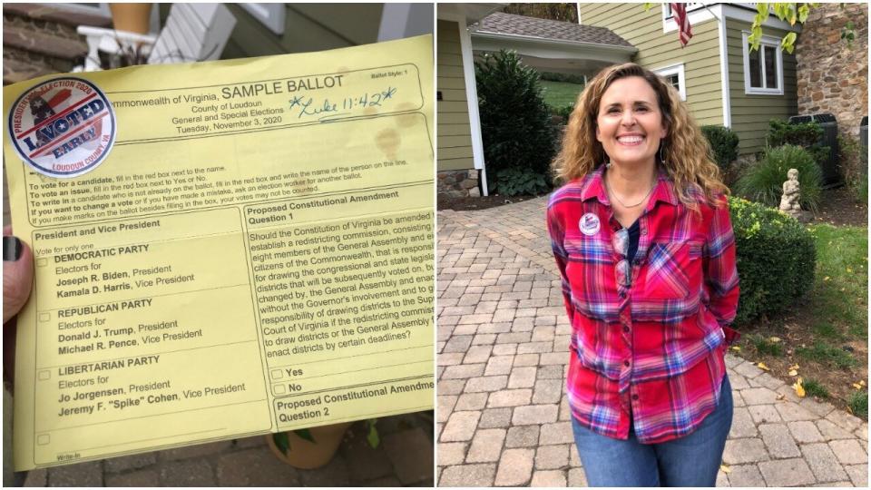 Becky Madigan is an evangelical Christian voter from Virginia. A Bible verse that helped her find clarity about her decision to vote for Joe Biden is written on her sample ballot, on the left.  (Photo: Courtesy of Becky Madigan)