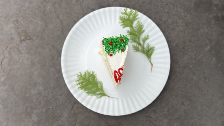 plated slice of holiday cake