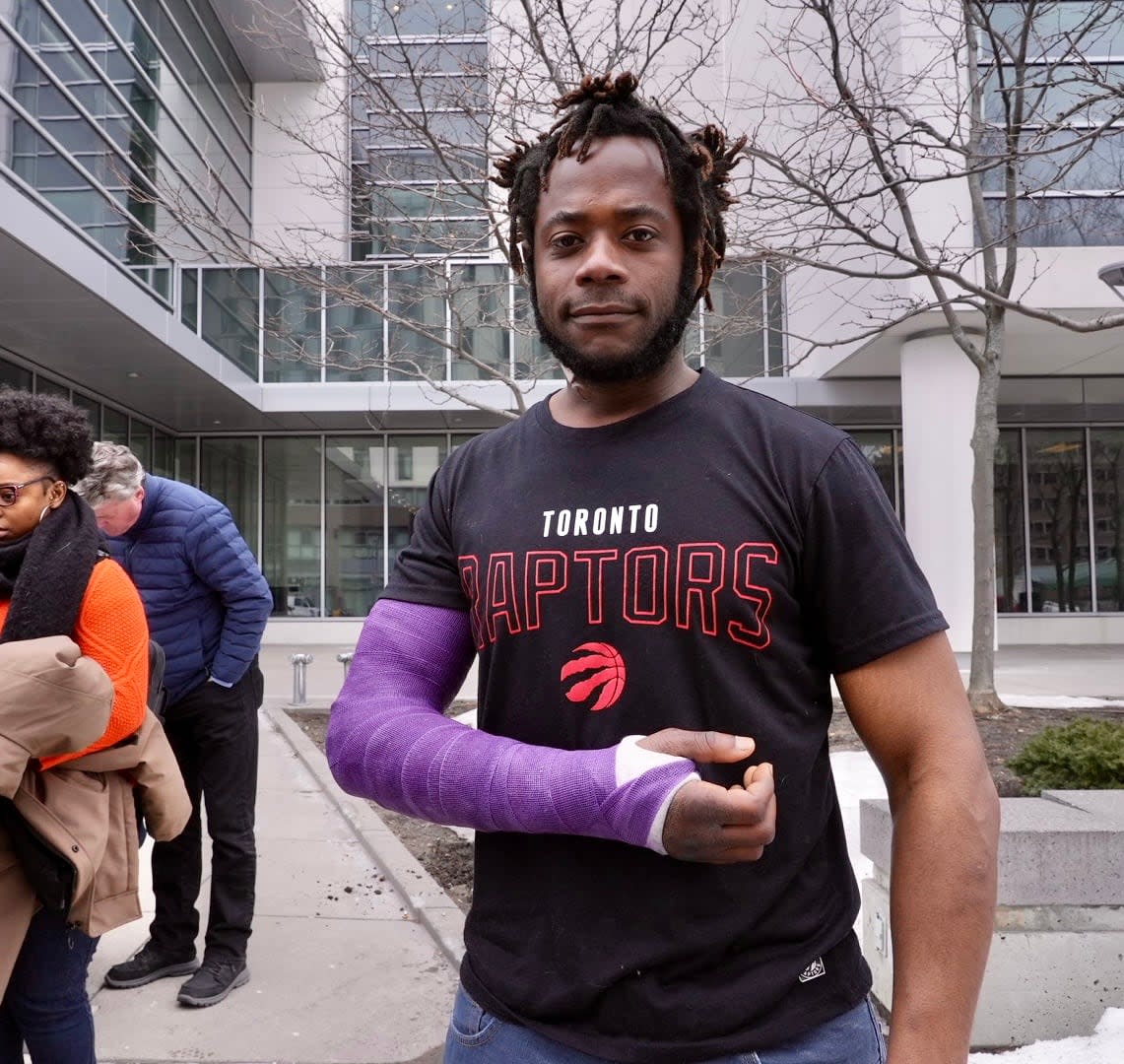 Fowlin spoke with reporters last March, less than a month after being shot twice by a police officer. (Martin Trainor/CBC - image credit)