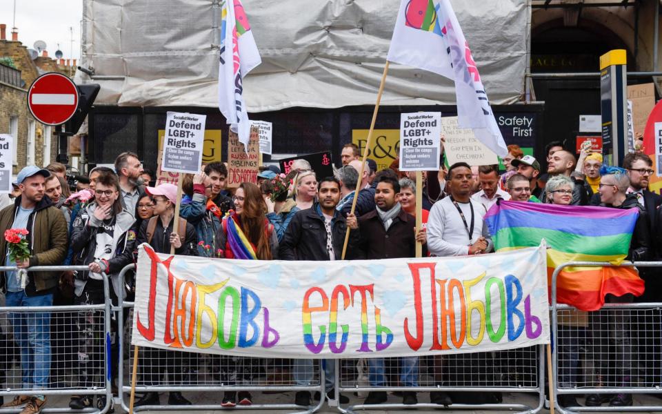 A protest gainst the treatment of homosexuals in Chechnya outside the Russian Embassy in London on April 12 - Credit: Alamy