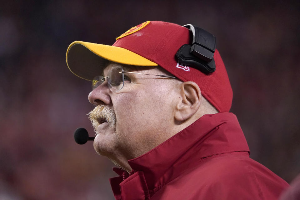 Kansas City Chiefs head coach Andy Reid watches from the sidelines during the second half of an NFL football game against the Buffalo Bills Sunday, Dec. 10, 2023, in Kansas City, Mo. (AP Photo/Ed Zurga)