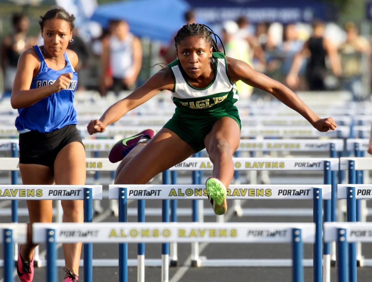 George Jenkins freshman Chelsi Williams wins the 100-meter hurdles on Saturday at the Class 4A, Region 2 track and field meet at Alonso High School in Tampa.