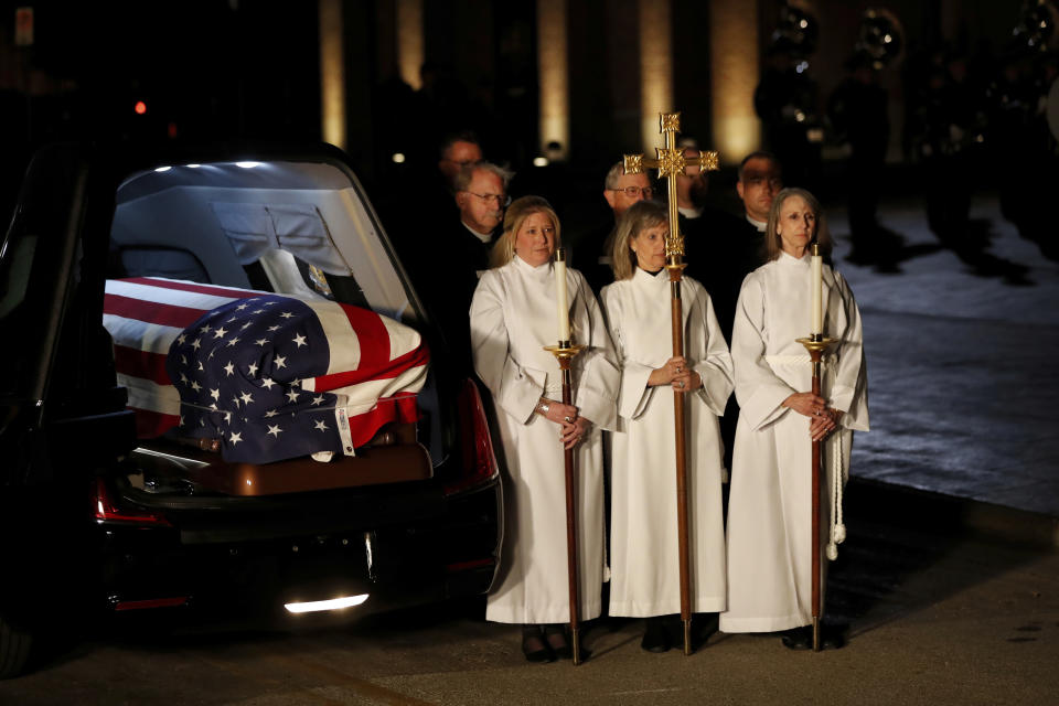 The flag-draped casket of former President George H.W. Bush arrives at St. Martin’s Episcopal Church Wednesday, Dec. 5, 2018, in Houston. (Photo: Gerald Herbert/AP)