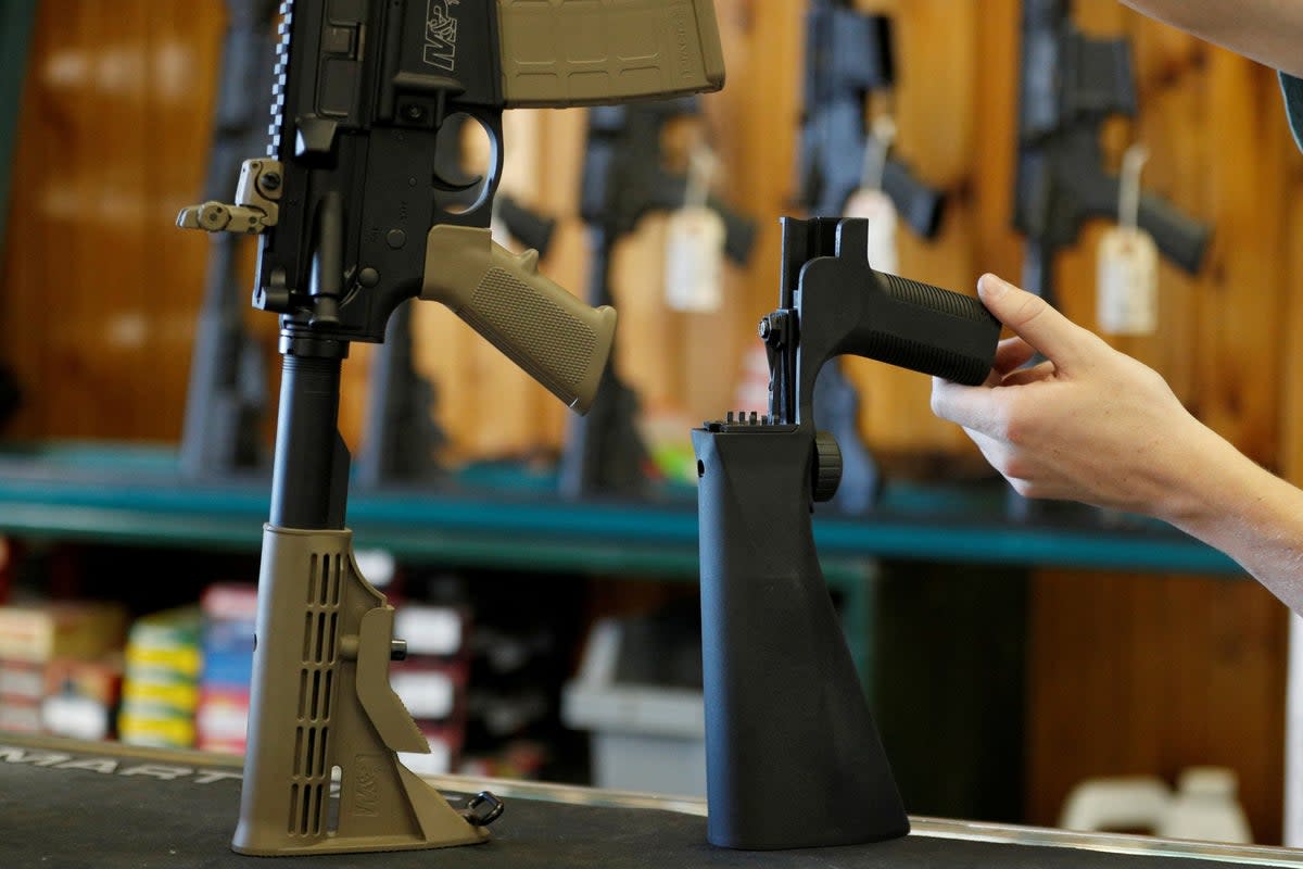 A bump fire stock that attaches to a semi-automatic rifle to increase the firing rate is seen at Good Guys Gun Shop on October 4, 2017 (REUTERS)