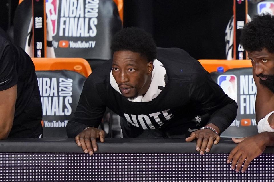 Miami Heat's Bam Adebayo, watches play against the Los Angeles Lakers during the first half of Game 2 of basketball's NBA Finals, Friday, Oct. 2, 2020, in Lake Buena Vista, Fla. (AP Photo/Mark J. Terrill)