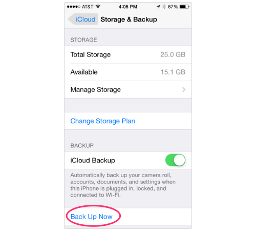 iPhone screenshot showing Back Up Now button