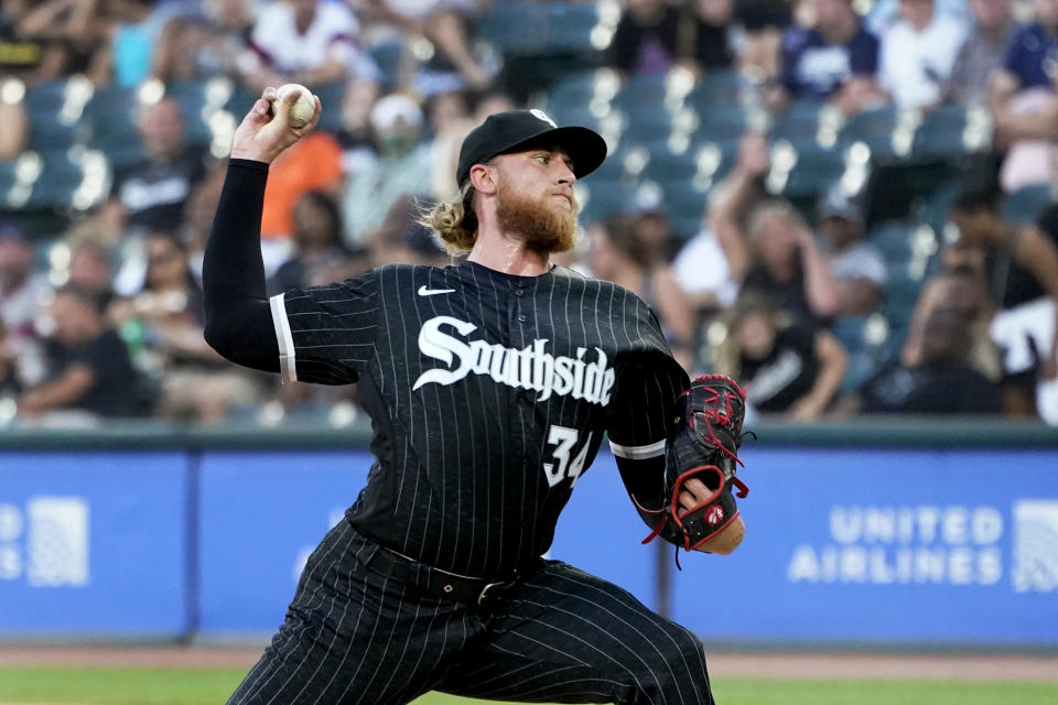 Chicago White Sox starting pitcher Michael Kopech delivers during the first inning of a baseball game against the Kansas City Royals Monday, Aug. 1, 2022, in Chicago. (AP Photo/Charles Rex Arbogast)