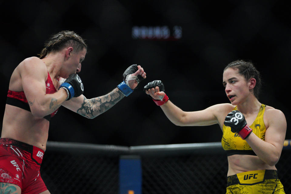 Dec 2, 2023; Austin, Texas, USA; Veronica Hardy (red gloves) fights Jamey-lyn Horth (blue gloves) during UFC Fight Night at Moody Center. Mandatory Credit: Dustin Safranek-USA TODAY Sports