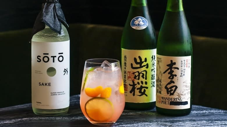 cocktail and sake bottles