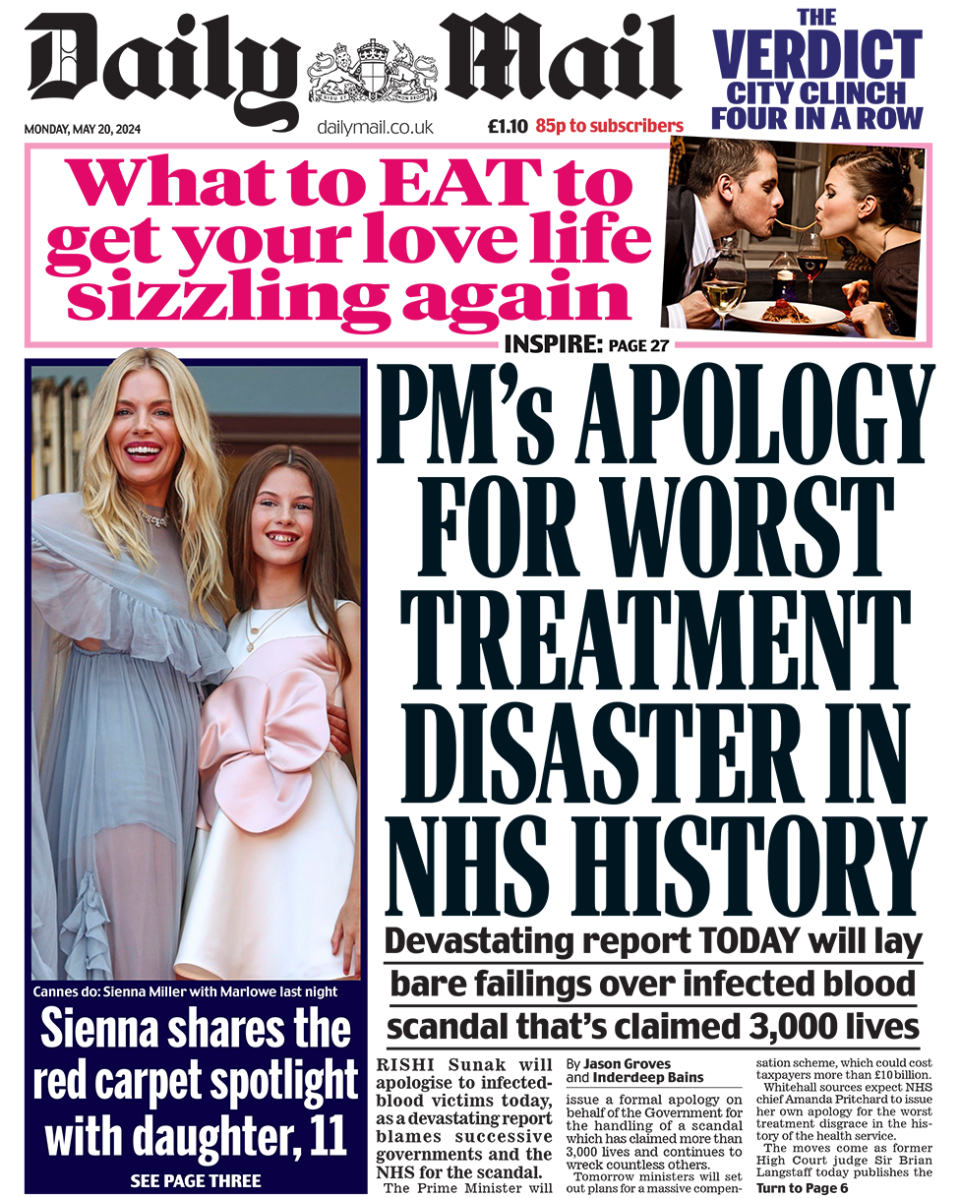 The headline on the front page of the Daily Mail reads: "PM's apology for worst treatment disaster in NHS history"
