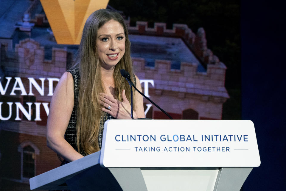 FILE - Chelsea Clinton speaks at the Clinton Global Initiative, Tuesday, Sept. 20, 2022, in New York. On Friday, May 12, 2023, The Associated Press reported on stories circulating online incorrectly claiming Clinton said, “It’s time to force-jab every unvaccinated child in America.” (AP Photo/Julia Nikhinson, File)