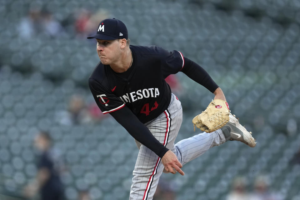 Minnesota Twins pitcher Cole Sands throws against the Detroit Tigers in the ninth inning during the second baseball game of a doubleheader, Saturday, April 13, 2024, in Detroit. (AP Photo/Paul Sancya)