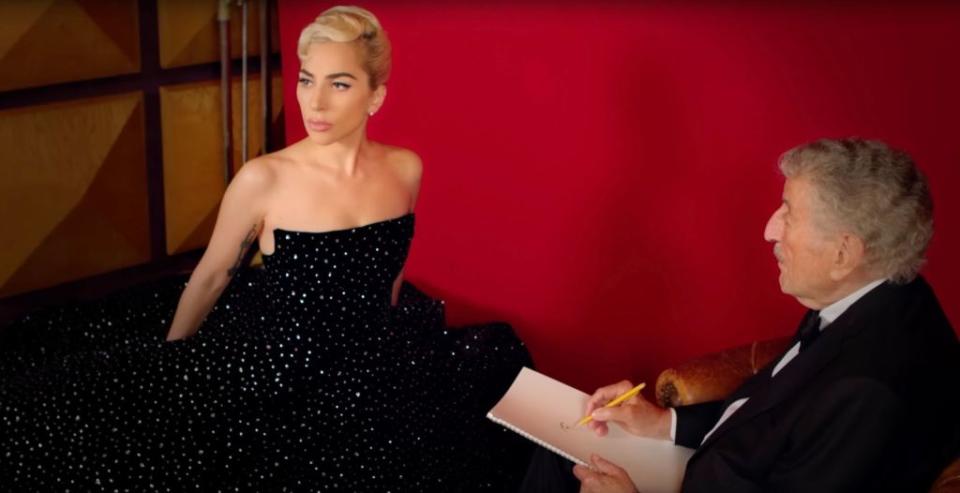 Tony Bennett sketching Lady Gaga. The pop star and jazz icon first met in 2011 after Gaga performed a rendition of Nat King Cole’s “Orange Colored Sky” at the Robin Hood Foundation Gala in New York City.