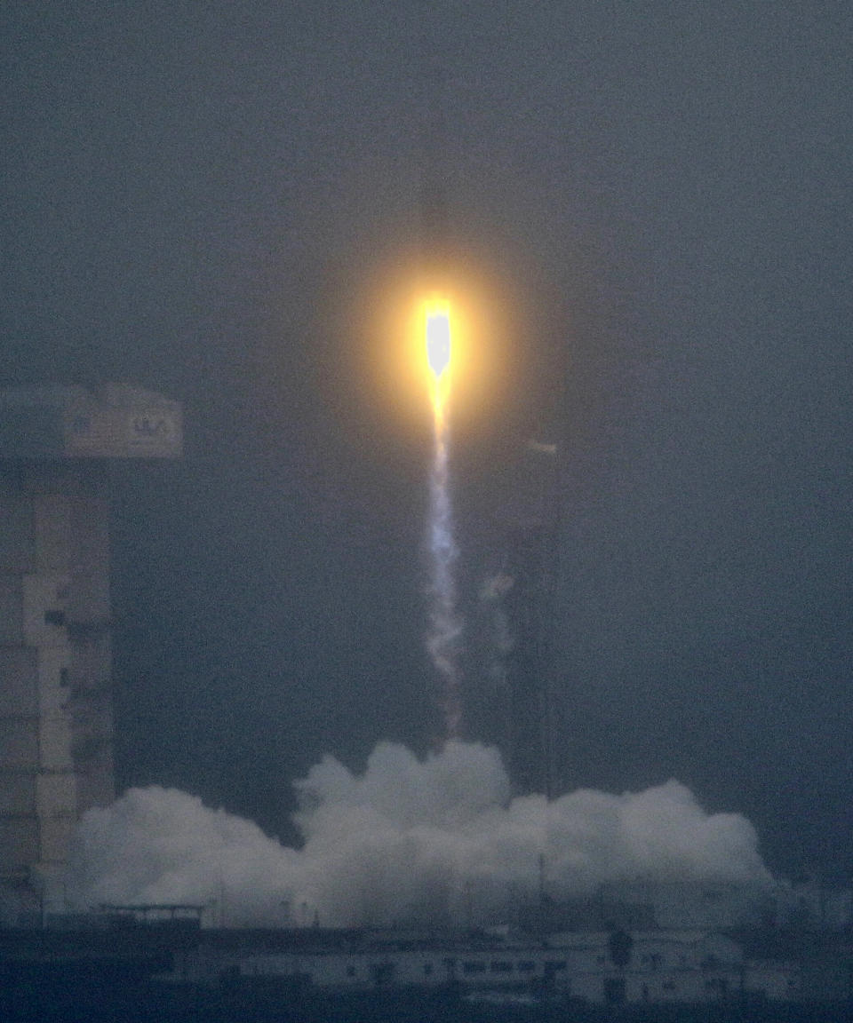 A United Launch Alliance Atlas V rocket lifts off carrying the Landsat 9 earth imaging satellite from Vandenberg Space Force Base, Calif., on Monday, Sept. 27, 2021. It is the latest in a series of U.S. satellites that has recorded human and natural impacts on Earth's surface for decades. (Matt Hartman via AP)