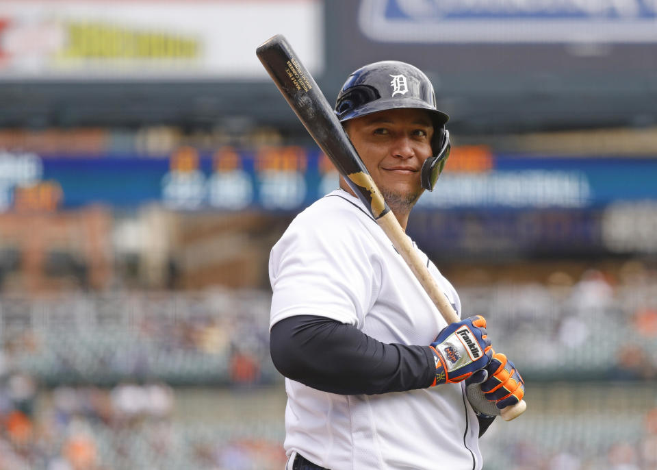 DETROIT, MICHIGAN - SEPTEMBER 26: Miguel Cabrera #24 of the Detroit Tigers gives the fans a quick smile during the seventh inning of the game against the Kansas City Royals at Comerica Park on September 26, 2021 in Detroit, Michigan. (Photo by Leon Halip/Getty Images)