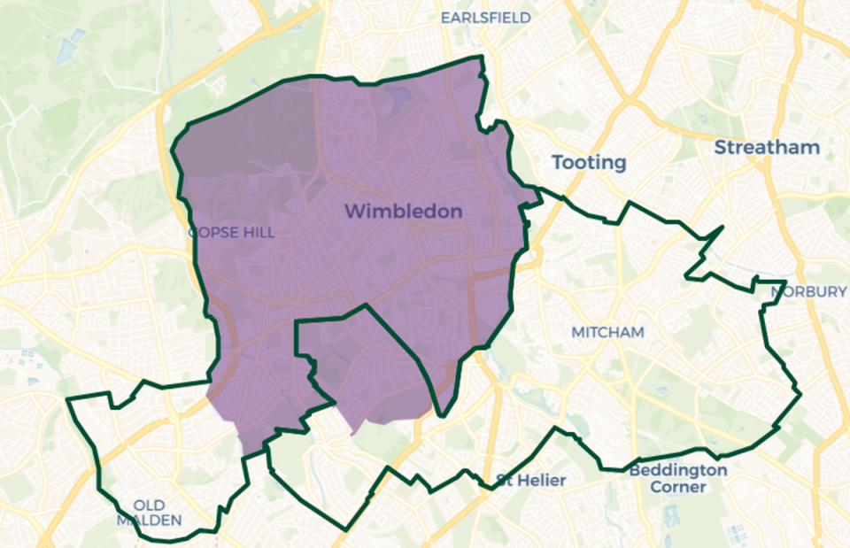 Wimbledon constituency map: Purple shaded area old constituency boundary. Green outlines new constituency boundaries (© OpenStreetMap contributors | © CARTO)