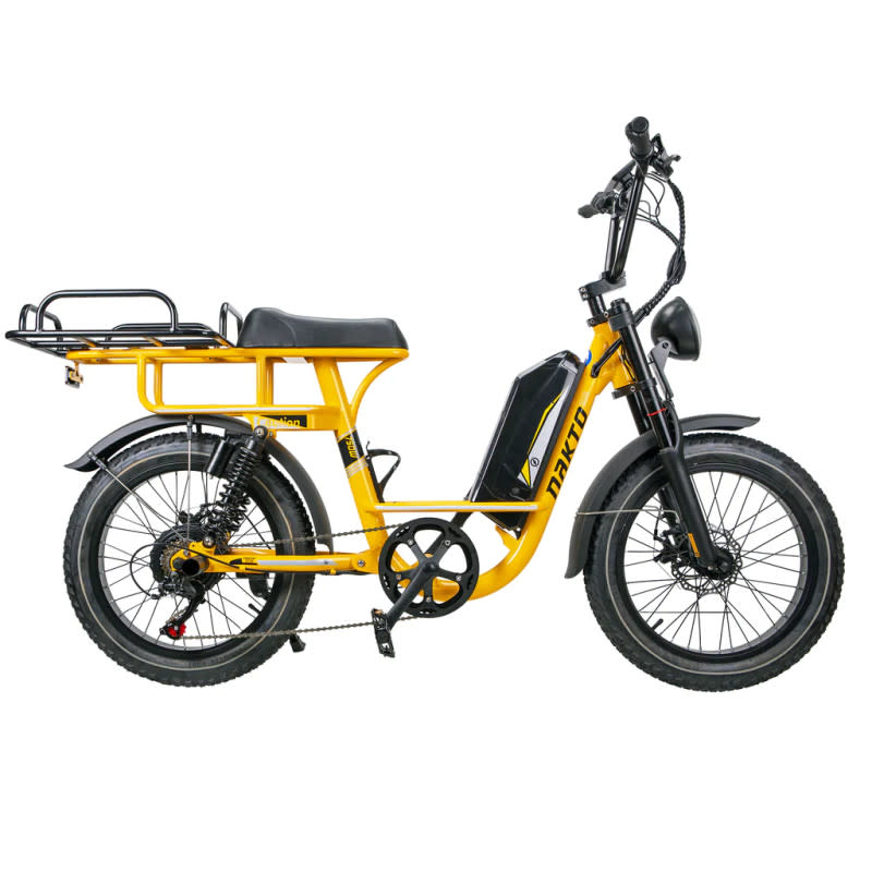 <p>Nakto Bikes</p>Nakto F4<ul><li>Battery Power: 768 Wh</li><li>Motor Power: 750W</li><li>Range: Up to 60 miles</li><li>Payload: 400 lbs</li><li>Class 3 (up to 28 mph with throttle)</li></ul><p>Meet the Nakto F4 electric cargo bike—an urban adventurer's fantasy on two wheels. With a robust 768Wh battery, this e-bike boasts an impressive range of up to 60 miles, transforming each ride into an extended exploration. </p><p>It's not just about distance; the Nakto F4 gracefully conquers rough terrains, courtesy of its dual suspension system. Whether navigating city streets or venturing off the beaten path, this cargo bike ensures a smooth and comfortable journey.</p><p>Featuring a powerful 750W motor and a substantial payload capacity of 400 lbs, the Nakto F4 effortlessly covers substantial ground. Be it urban commutes or diverse landscapes, the thoughtful design and advanced features make every ride a joy. </p><p>Elevate your cycling experience with the Nakto F4—an electric cargo bike seamlessly blending style, an impressive range, and rugged performance, while also reaching speeds up to 28 mph with throttle assistance as a Class 3 electric bike.</p>