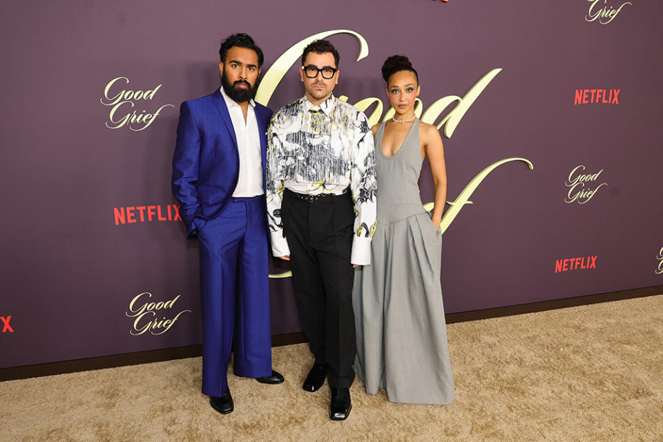 Himesh Patel, Dan Levy, and Ruth Negga attend the premiere of "Good Grief" at The Egyptian Theatre Hollywood on December 19, 2023 in Los Angeles, California.