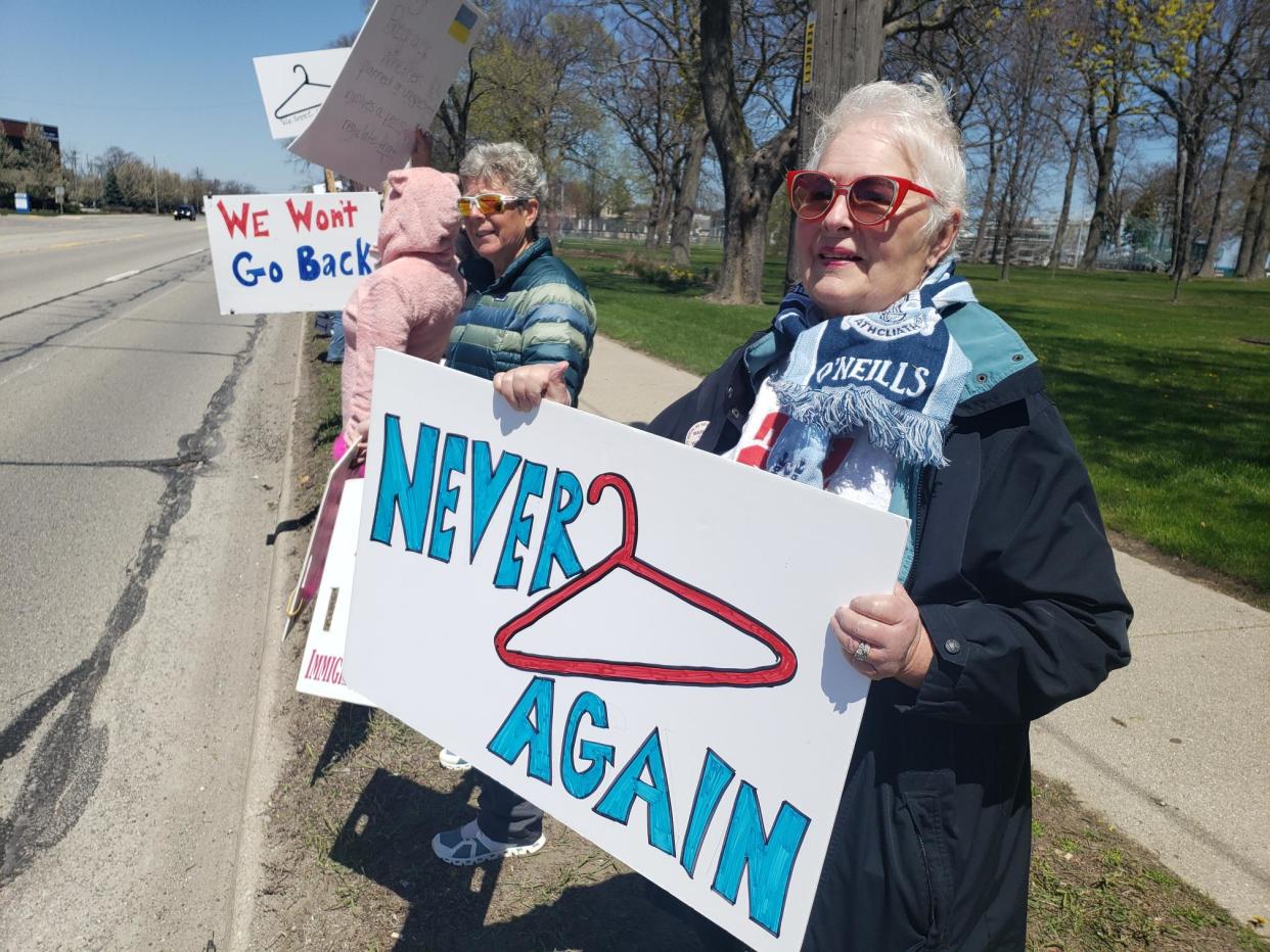 Lesley Lambright, 75, of Lakeport, holds a sign at an abortion rights demonstration in Pine Grove Park Saturday, May 7, 2022.