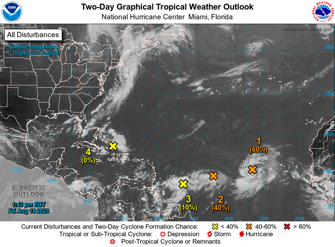 National Hurricane Center’s 2 p.m. Friday, Aug. 18, 2023, forecast map of the Atlantic tropics.