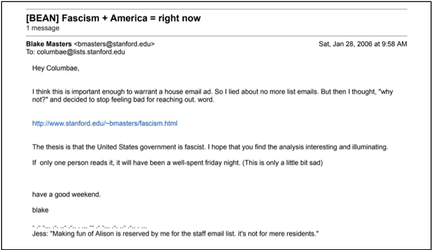 In another 2006 email to his college co-op members, Masters argued that America was fascist. (Photo: Columbae listserv)