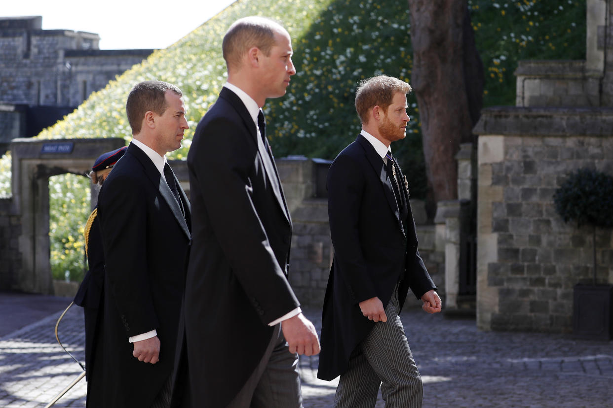 Peter Phillips, Prince William, Duke of Cambridge and  Prince Harry, Duke of Sussex during the Ceremonial Procession during the funeral of Prince Philip, Duke of Edinburgh at Windsor Castle on April 17, 2021 in Windsor, England. (Getty Images)