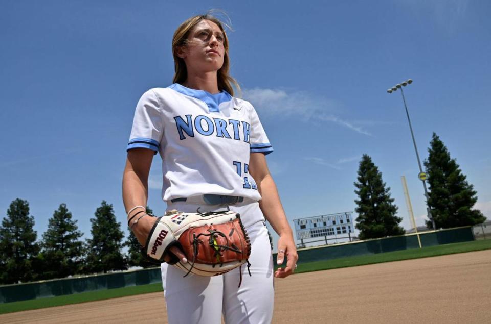 Clovis North senior Ryan Maddox has for the third time been named the Bee’s Softball Player of the Year. Photographed Tuesday, June 13, 2023 in Fresno.