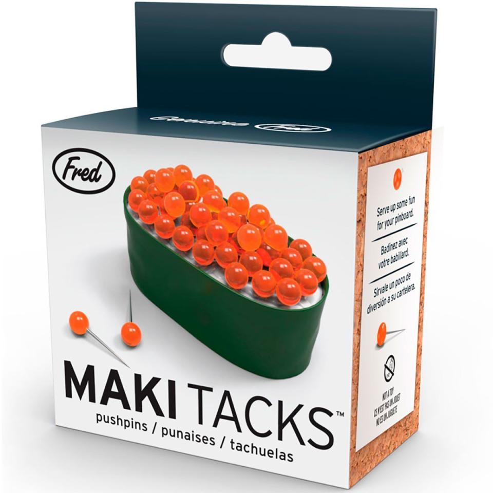 Maki Tacks, Sushi Pushpins<br />$8.95, High <a href="http://www.highfashionhome.com/maki-tacks-sushi-pushpins.html?gclid=CKq554-J1tACFUtWDQodRT4CHg" target="_blank">Fashion Home.&nbsp;</a>