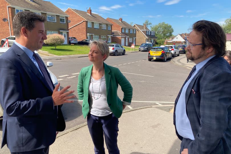 Stockton West Labour candidate Joe Dancey, Shadow Home Secretary Yvette Cooper and Cleveland police and crime commissioner Matt Storey on Marske Parade near Bishopsgarth Park, Stockton.