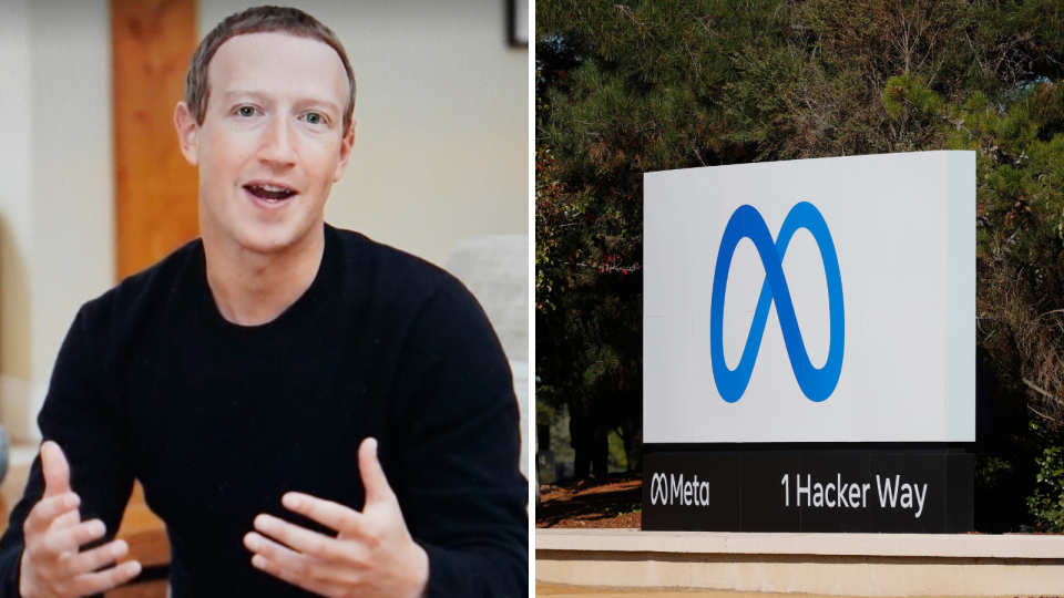 Facebook CEO Mark Zuckerberg and the new logo for 'Meta' displayed at 1 Hacker Way in Silicon Valley.