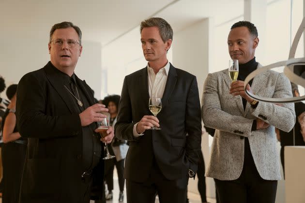 The newly single Michael (Harris, center) calls on pals Stanley (Brooks Ashmanskas) and Billy (Emerson Brooks) to help him navigate a dating world that's become dominated by phone apps. (Photo: SARAH SHATZ/NETFLIX)