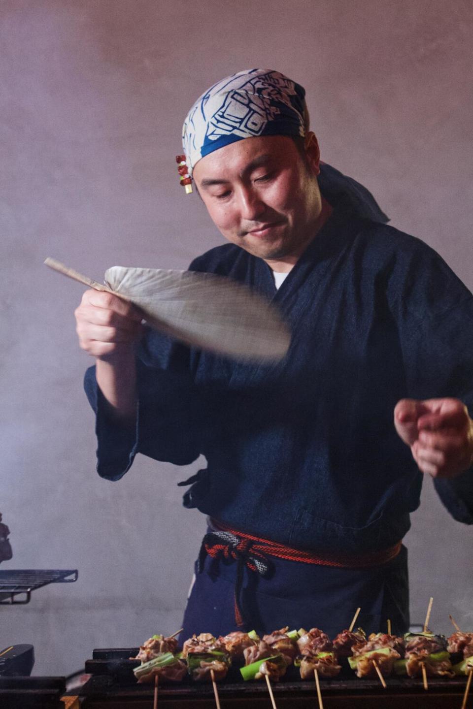 Yakitoriguy fans his skewers at a pop-up at Brothers Sushi in Woodland Hills