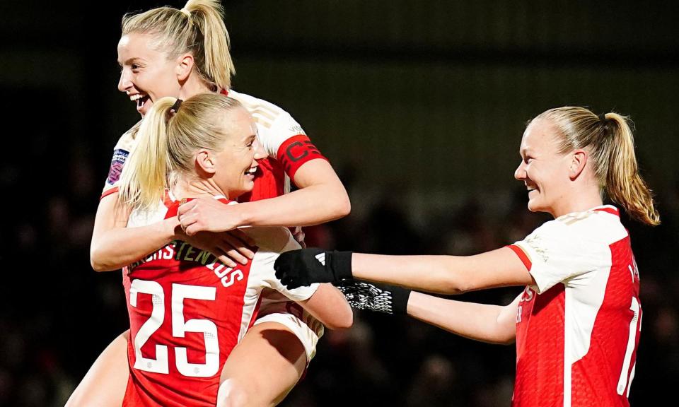 <span>Stina Blackstenius (No 25) celebrates her third goal and Arsenal’s fourth in their thrashing of Aston Villa. </span><span>Photograph: Zac Goodwin/PA</span>