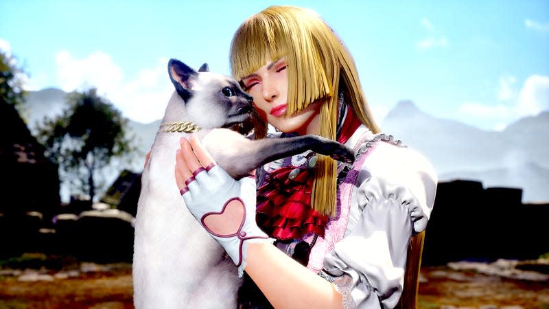 Tekken 8 character Lili snuggles her face up against a mostly white cat.