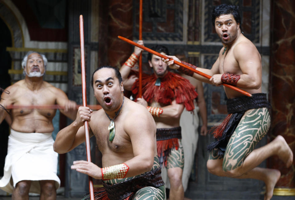 New Zealand's Ngakau Toa Theatre Company perform a traditional ceremonial 'haka' at The Globe Theatre in London, Monday, April 23, 2012. On Monday, Shakespeare's birthday, the Globe to Globe Festival, part of the World Shakespeare Festival started, with 37 international companies presenting 37 of Shakespeare's plays in 37 different languages. (AP Photo/Kirsty Wigglesworth)