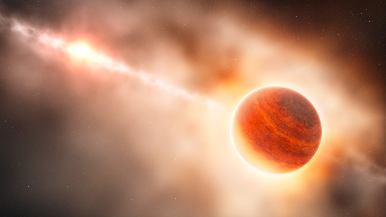 An illustration shows a gas giant planet forming around an infant star. 