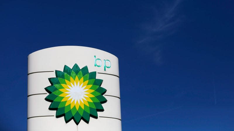 A photo of a BP logo on a tower at a gas station. 