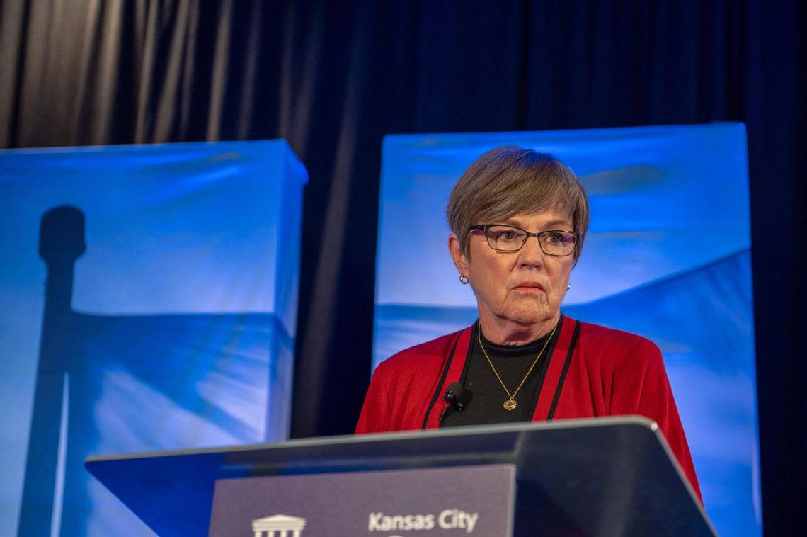 Gov. Laura Kelly, shown, and Attorney General Derek Schmidt square off in a final gubernatorial debate before November’s election Wednesday, October 5, 2022, at the Doubletree Hotel in Overland Park.