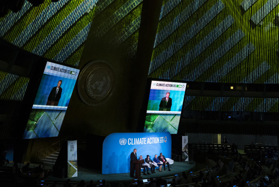 Turkey's President Recep Tayyip Erdogan speaks during the Climate Action Summit 2019 at the 74th session of the United Nations General Assembly, at U.N. headquarters, Monday, Sept. 23, 2019. (AP Photo/Craig Ruttle)