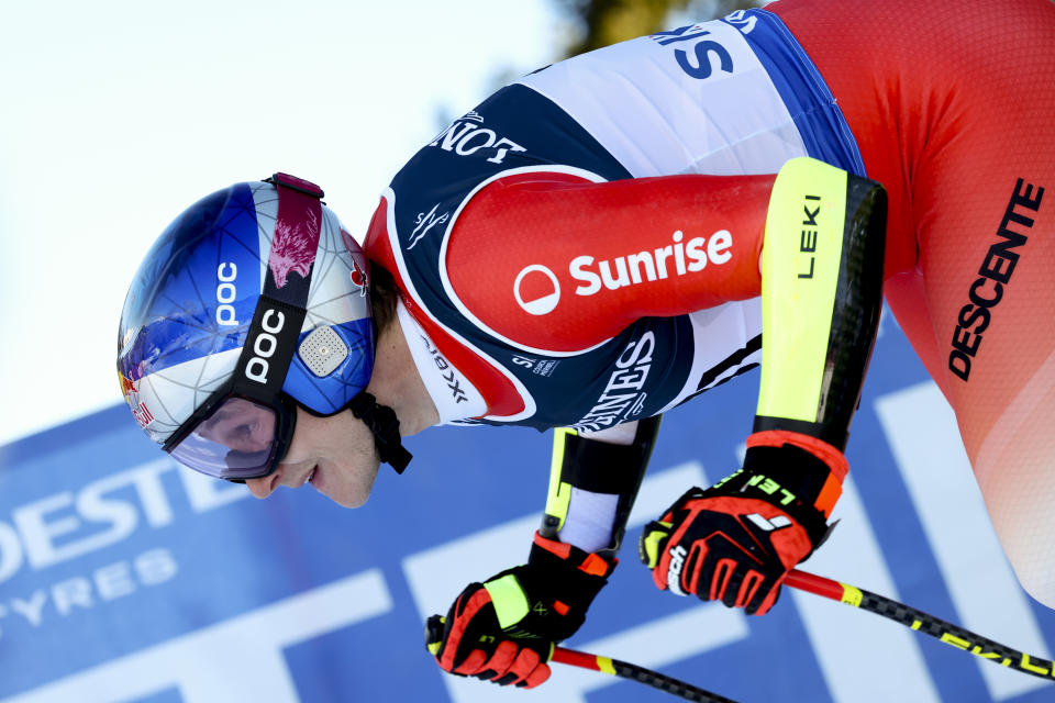 Switzerland's Marco Odermatt starts the super G portion of an alpine ski, men's World Championship combined race, in Courchevel, France, Tuesday, Feb. 7, 2023. (AP Photo/Alessandro Trovati)