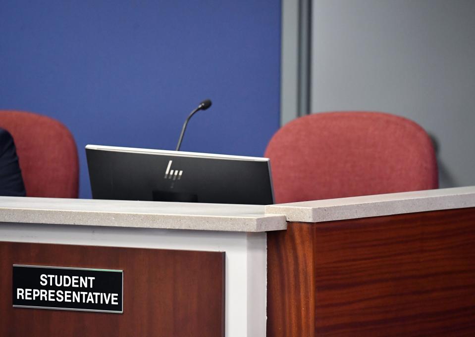The seat of the student representative on the Sarasota County School Board was left empty during the board meeting Tuesday evening, Dec. 12, 2023, due to the nature of the topic of discussion. The School Board approved a symbolic resolution calling for board member Bridget Ziegler to resign.
