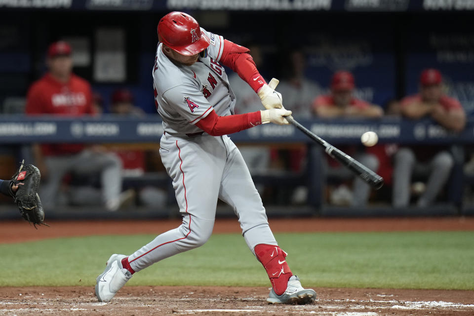 Los Angeles Angels' Brandon Drury singles off Tampa Bay Rays relief pitcher Jalen Beeks during the fourth inning of a baseball game Wednesday, Sept. 20, 2023, in St. Petersburg, Fla. (AP Photo/Chris O'Meara)