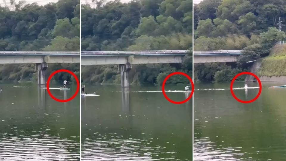 新竹峨眉湖發生玩家划立槳落水，很快消失水面。民眾提供