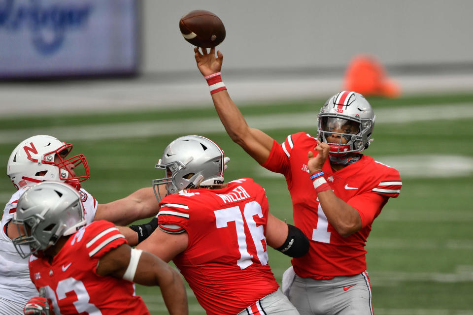 Quarterback Justin Fields #1 of the Ohio State Buckeyes passes against the Nebraska Cornhuskers at Ohio Stadium on Oct. 24, 2020. (Jamie Sabau/Getty Images)